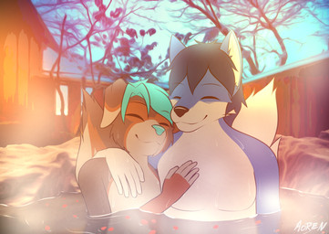anthro black_nose blue_body blue_fur blue_hair blue_nose brown_body brown_fur cuddling duo fur hair hot_spring leaf male male/male multicolored_body multicolored_fur onsen plant romantic romantic_couple smile steam tail tree water aorenfoxy aoren cammy_(cammymutt) bernese_mountain_dog canid canine canis domestic_dog fox mammal molosser mountain_dog swiss_mountain_dog hi_res