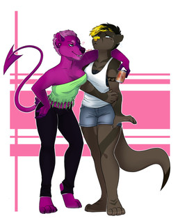 alcohol anthro beverage breasts duo female simple_background standing wide_hips redpixie demon hybrid mammal mustelid otter 4:5 hi_res