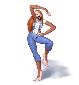 5_fingers 5_toes anthro barefoot blue_eyes clothing clown_nose cosplay fangs feet female fingers fur hair hand_on_head long_arms long_hair long_legs long_neck midriff navel neck_tattoo on_one_leg open_mouth open_smile orange_hair overalls plantigrade prehensile_feet raised_arm raised_heel raised_leg shirt simple_background slim smile solo standing t-shirt tan_body tan_fur teeth toes topwear white_background redustheriotact donkey_kong_(series) nintendo anitta_(vagnerdesouzas7) lanky_kong ape haplorhine mammal orangutan primate 2026 absurd_res hi_res