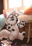 ambiguous_gender anthro bedroom black_markings blurred_vision canid canine canis crayon domestic_dog drawing eyewear glasses heterochromia hindpaw mammal markings multi_nipple mutt_peanut nipples nordic_sled_dog pawpads paws samoyed silverfox5213 solo spitz white_body