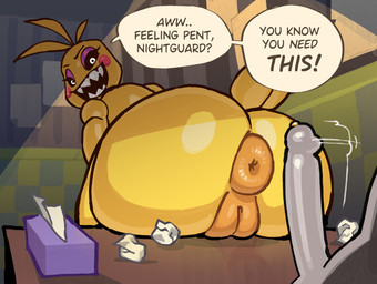 anthro anus big_anus big_butt bodily_fluids butt desk duo eyeshadow female furniture genital_fluids genitals glowing glowing_eyes grey_body grin huge_anus huge_butt looking_back machine makeup male male/female penis precum puffy_anus sharp_teeth sitting smile table tail teasing teeth text tissue tissue_box vulva yellow_body kardboardian five_nights_at_freddy's five_nights_at_freddy's_2 scottgames toy_chica_(fnaf) animatronic robot english_text hi_res
