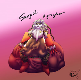 ambiguous_gender ambiguous_prey anthro belly belt big_belly bodily_fluids bottomwear breasts clothing cybernetic_arm cybernetic_limb drooling featureless_breasts female fur grey_body grey_fur grey_hair hair mask mechanical_arm multicolored_body multicolored_fur neck_tuft open_mouth pants rumbling_stomach saliva sitting solo sound_effects star teeth text tuft two_tone_body two_tone_fur vore white_body white_fur radarn_(artist) bandai_namco digimon digimon_(species) wolvermon 2025 english_text hi_res line_art monochrome
