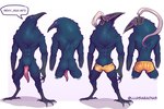 4_fingers abs anthro arm_tuft armor avian_feet avian_hands beak ben_day_dots bird_penis black_body black_feathers butt clothing dialogue feathers fingers front_view genitals glowing glowing_eyes headgear helmet looking_at_viewer male nude_anthro penis purple_eyes rear_view shoulder_tuft simple_background small_waist smug_grin solo text tuft underwear yellow_clothing yellow_underwear lluisabadias dungeons_and_dragons hasbro wizards_of_the_coast bell_toll_(lluisabadias) avian kenku absurd_res artist_name hi_res model_sheet multiple_images shaded