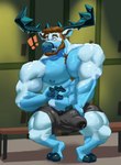 anthro antlers barefoot beard big_bulge big_muscles big_pecs big_penis blush bodily_fluids brown_hair bulge chest_tuft clothed clothing cum exclamation_point facial_hair feet genital_fluids genitals green_eyes hair horn huge_bulge huge_muscles huge_pecs huge_penis leaking_cum leaking_through_clothing locker_room male muscular muscular_anthro muscular_arms muscular_male nipples pecs penis penis_grab sitting solo topless tuft bufffbuck deer mammal hi_res