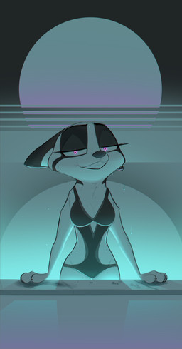 anthro breasts cleavage clothed clothing facial_markings female half-closed_eyes head_markings looking_at_viewer markings narrowed_eyes one-piece_swimsuit purple_eyes skimpy smile smirk solo swimming_pool swimwear synthwave wet yitexity disney zootopia fan_character scarlett_(yitexity) canid canine fox mammal 2018 hi_res restricted_palette