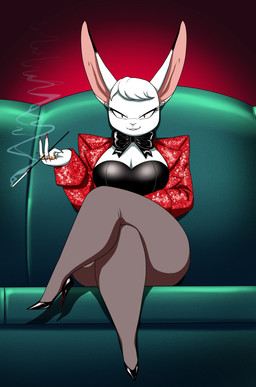 anthro big_breasts bow_(feature) breasts bustier cigarette cigarette_holder cleavage clothed clothing crossed_legs cutout_heels ear_piercing ear_ring female footwear high_heels jacket jewelry legwear looking_at_viewer piercing pumps ring ring_piercing shoes sitting smoking solo stockings topwear white_body crovirus tochiku_(watermystic277) lagomorph leporid mammal rabbit absurd_res hi_res
