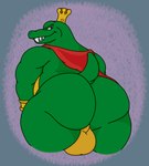 anthro backsack balls big_butt bracelet brown_eyes butt cape clothing crown genitals gold_balls headgear jewelry looking_back male mostly_nude overweight overweight_anthro overweight_male presenting presenting_hindquarters raised_tail solo tail teeth thick_thighs waniiime donkey_kong_(series) nintendo king_k._rool crocodilian kremling reptile scalie hi_res