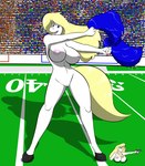 anthro big_breasts blonde_hair blue_eyes breasts female fur genitals group hair hooves navel nipples nude open_mouth pink_nipples pom_poms pussy solo_focus tail text unguligrade white_body white_fur sailoranna anna_(sailoranna) equid equine horse mammal english_text hi_res