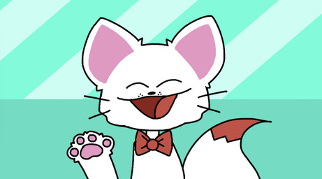 anthro bow_tie clothing dipstick_tail eyes_closed fur gesture male markings open_mouth pattern_background pawpads paws red_body red_clothing red_fur simple_background smile solo tail tail_markings turquoise_background two_tone_tail waving waving_at_viewer white_body white_fur unlucky_guesses domestic_cat felid feline felis mammal digital_media_(artwork) hi_res