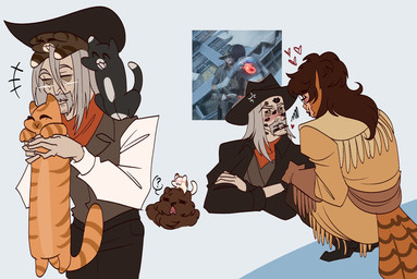 5_fingers alternate_species ambiguous_feral ambiguous_gender annoyed bent_arm black_body black_bottomwear black_clothing black_coat black_fur black_hat black_headwear black_nose black_pants black_sclera black_tail black_topwear blush bottomwear brown_body brown_clothing brown_dress brown_fur brown_gloves brown_hair brown_handwear brown_tail brown_topwear brown_vest brown_wings cheek_tuft closed_smile clothed clothed_female clothed_human clothed_humanoid clothed_male clothing coat confusion cowboy_hat cross-popping_vein crossed_arms crouching dipstick_tail dress eyebrows facial_hair facial_tuft fangs feathers featureless_legs female female_humanoid feral fingers frown frowning_at_another fully_clothed fully_clothed_human fully_clothed_male fur furrification gloves grey_background grey_eyebrows grey_facial_hair grey_hair grey_mustache group hair handwear happy hat head_wings headgear headwear heart_symbol holding_another kerchief kiss_mark_on_face long_hair looking_at_another looking_at_partner love lying_on_another male male_human markings mature_human mature_male mouth_closed multicolored_body multicolored_fur mustache neckerchief neckwear noseless on_another open_frown open_mouth orange_body orange_fur orange_stripes orange_tail pants quadruped question_mark red_kerchief red_neckerchief shirt simple_background size_difference smaller_ambiguous smaller_feral smile smiling_at_another smiling_at_partner striped_markings striped_tail stripes tail tail_feathers tail_markings tan_body tan_skin teeth tired_eyes topwear tuft two_tone_tail unusual_wing_placement vest white_body white_clothing white_eyes white_fur white_shirt white_tail_tip white_topwear wings bowietea dead_by_daylight longcat bowie_stardust caleb_quinn the_oni_(dead_by_daylight) animal_humanoid avian avian_humanoid bear bird_humanoid domestic_cat felid feline felis human humanoid mammal 2025 digital_drawing_(artwork) digital_media_(artwork) english_description flat_colors hi_res meme multiple_images reference_image