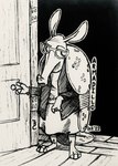 2022 absurd_res anthro armadillo barefoot clothed clothing dharma_armadillo disney door eyewear feet fully_clothed glasses hi_res inktober mammal monochrome solo standing theblueberrycarrots traditional_media_(artwork) xenarthran zootopia