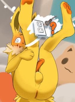 4_fingers 4_toes anthro anus backsack balls blush bodily_fluids brown_nose butt electrical_outlet electrical_plug erection feet fingers fur genitals humanoid_genitalia humanoid_penis inside legs_up lights male neck_tuft nervous nervous_smile nude nude_anthro nude_male open_mouth open_smile outlet pawpads paws penis pillow question_mark smile solo speech_bubble sweat tail toes tuft yellow_body yellow_fur beanshaped nintendo pokemon eeveelution generation_1_pokemon jolteon pokemon_(species) 2026 hi_res
