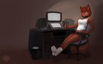 anthro bottomwear brown_body brown_fur chair clothing collar computer desk drawing_tablet electronics female footwear fur furniture hair holding_object holding_pen looking_at_viewer pen red_hair shirt shorts simple_background sitting socks solo table tank_top topwear trash_can reddyeno5 kanie_(kanel) canid canine fox mammal 16:10 digital_media_(artwork) full-length_portrait portrait signature widescreen