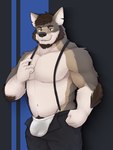 anthro bulge detailed_bulge genital_outline grey_body male muscular penis_outline pubes solo suspenders acario_(artist) echo_(series) echo_project the_smoke_room william_adler canid canine canis coyote mammal absurd_res hi_res