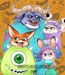 anthro cheek_tuft clothing costume facial_tuft fur grey_body grey_fur group halloween_costume holidays horn open_mouth orange_body orange_fur smile tan_body tan_fur tuft amarimo disney halloween monsters_inc pixar zootopia celia_mae chief_bogo finnick_(zootopia) judy_hopps mike_wazowski nick_wilde bovid bovine canid canine cape_buffalo fennec_fox fox lagomorph leporid mammal rabbit red_fox true_fox 2016 colored crossover digital_drawing_(artwork) digital_media_(artwork)