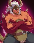 2_horns anthro biceps hair horn male muscular muscular_anthro muscular_male pecs scar solo tail white_hair steen bushiroad future_card_buddyfight mythology drum's_father dragon mythological_creature mythological_scalie scalie hi_res