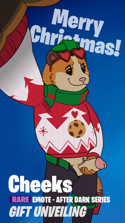 anthro camera christmas_clothing clothing erection eyewear game_screen genitals glasses holding_camera holding_object holidays male penis scarf smile solo text solaffycataffy_(artist) christmas epic_games fortnite cheeks_(fortnite) cricetid hamster mammal rodent 9:16 absurd_res english_text hi_res