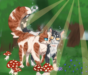 berry_bush black_body black_fur blue_eyes brown_markings duo feral forest four_pointed_star fungus fur grass light light_beam markings multicolored_body multicolored_fur mushroom outside plant quadruped romantic romantic_couple sunbeam sunlight tree two_tone_body two_tone_fur white_body white_fur yellow_eyes icetailwarrior warriors_(book_series) brightheart_(warriors) swiftpaw_(warriors) domestic_cat felid feline felis mammal 2023