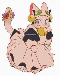 anthro bell bell_collar bell_ear_ring biped blue_eyes blush cat_smile clothed clothed_anthro clothed_male clothing collar crossdressing flower_garland fully_clothed fully_clothed_anthro fully_clothed_male fur maid_uniform male male_anthro monotone_body monotone_fur simple_background solo text three-quarter_view uniform white_background white_body white_fur lunnanathalia shanque_(fabulous_beasts) domestic_cat felid feline felis mammal 2026 absurd_res artist_name digital_drawing_(artwork) digital_media_(artwork) flat_colors hi_res watermark