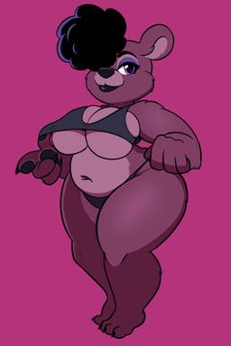 afro anthro big_breasts black_coded black_hair bra breasts brown_body brown_fur claws cleavage clothed clothing female fur hair hair_over_eye one_eye_obstructed panties pink_background shortstack simple_background slightly_chubby solo underwear wide_hips blen_bodega sugarberry_(character) bear mammal 2:3 absurd_res hi_res