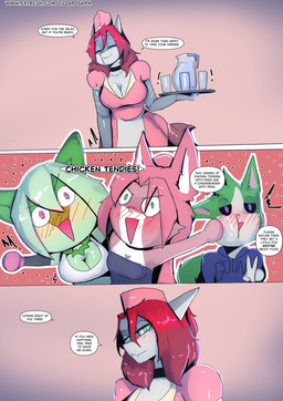 anthro big_breasts breasts cleavage clothed clothing dialogue expressions female funny_face group male male/female open_mouth simple_background smile text trio lizzard_sama nintendo pokemon daisy_(katson) lily_(katson) serena_(kai_the-shark) shadow_(katson) domestic_cat felid feline felis fish generation_9_pokemon mammal marine pokemon_(species) shark sprigatito absurd_res comic crossover english_text hi_res