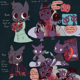 3_eyes ambiguous_anthro ambiguous_gender anthro blood bodily_fluids dagger dialogue eye_contact eye_scar facial_scar fight holding_dagger holding_melee_weapon holding_object holding_weapon looking_at_another melee_weapon metal_chain multi_eye scar speech_bubble talking_to_another text weapon xamsdy cult_of_the_lamb massive_monster_(studio) aym_(cult_of_the_lamb) baal_(cult_of_the_lamb) the_one_who_waits domestic_cat felid feline felis mammal 1:1 2026 digital_media_(artwork) english_text hi_res brother_(lore) brothers_(lore) sibling_(lore)