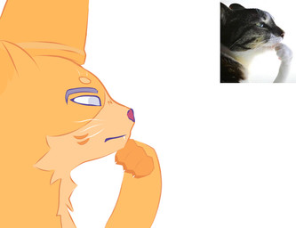 ambiguous_gender colored_body feral fur orange_body orange_fur simple_background solo thinking thoughtful_expression tray white_background noxsurt kaiju_paradise roblox catte_(kaiju_paradise) domestic_cat felid feline felis gootraxian mammal meme reference_image