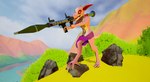 anthro claws clothed clothing gun harem_outfit holding_object holding_weapon horn jewelry low_poly male open_mouth ranged_weapon rocket_launcher solo weapon kobold_dellarte gavit kobold reptile scalie 3d_(artwork) absurd_res digital_media_(artwork) hi_res