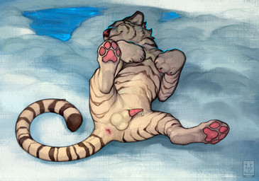 anus balls butt claws erection feet feral fur genitals lying male on_back outside pawpads paws penis smile solo stripes tail toes anchee felid mammal pantherine tiger 2026 digital_drawing_(artwork) digital_media_(artwork)