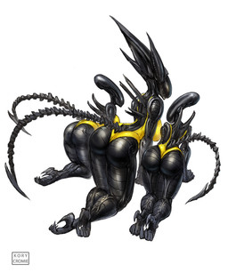 big_breasts big_butt breasts butt clothing duo female group huge_breasts long_tail mature_female open_mouth presenting presenting_hindquarters swimwear tail trio kory_cromie alien_(franchise) alien xenomorph xenomorph_queen 5:6 hi_res