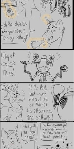 female feral horn machine male ponification text byjovewhataspend fallout friendship_is_magic hasbro microsoft my_little_pony mythology codsworth_(fallout) fan_character the_sole_survivor_(fallout) the_vault-tec_representative earth_pony equid equine horse mammal mister_handy_(fallout) mythological_creature mythological_equine pony robot unicorn absurd_res comic english_text hi_res long_image tall_image