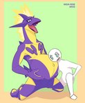 anthro duo hand_on_belly head_on_belly kneeling male male/male open_mouth pregnant pregnant_male purple_body purple_skin spikes tongue yellow_body yellow_skin grayviz nintendo pokemon anon amped_toxtricity generation_8_pokemon human mammal pokemon_(species) toxtricity hi_res