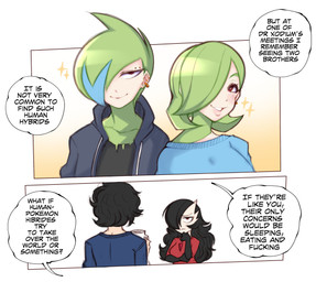 black_body black_hair clothing dialogue ear_piercing female green_hair group hair hair_over_eye male not_furry one_eye_obstructed piercing profanity red_eyes shirt text topwear white_body saltyxodium nintendo pokemon redditor_gardevoir gallade gardevoir generation_3_pokemon generation_4_pokemon human hybrid mammal pokemon_(species) 2022 absurd_res english_text hi_res