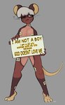 anthro big_ears bodily_fluids brown_body brown_fur claws exposure_variation eye_scar facial_scar female finger_claws flat_chested front_view fur hair holding_object holding_sign mostly_nude ofuda ofuda_on_breast one_eye_closed red_body red_fur round_ears scar sign solo standing stated_adult stated_age stated_gender sweat sweatdrop sweatdrop_(iconography) tail talisman tan_body tan_fur text toe_claws whiskers white_hair yellow_body yellow_eyes yellow_inner_ear pomegraniter abaddon_(pomegraniter) mammal mouse murid murine rodent 2023 english_text hi_res