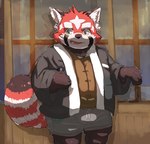 anthro bottomwear clothing eyebrows fur green_eyes jacket male red_body red_fur shorts slightly_chubby solo thick_eyebrows topwear young hisreralitlle lifewonders tokyo_afterschool_summoners zhurong_(tas) ailurid mammal red_panda hi_res