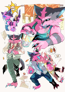 5_fingers accessory alcohol anthro anthrofied beer beverage biped black_sclera blue_body blue_claws blue_eyes blue_fur blue_nose blue_pawpads blue_tongue blush bodily_fluids claws clothed clothing collar dipstick_tail duo eyewear facial_markings fingers fishbone food fur glasses head_markings long_tail looking_at_viewer male markings meat multicolored_body multicolored_fur name_tag necktie nervous open_mouth pawpads paws pink_body pink_fur pink_tail purple_body purple_fur purple_tail red_necktie sharp_teeth shirt simple_background size_difference skull_and_crossbones smile solo solo_focus striped_arms striped_markings striped_tail stripes sweat tail tail_markings tank_top teeth toe_claws tongue tongue_out topwear two_tone_tail white_background white_body white_tail white_tail_tip daniel_rei6 nintendo pokemon august_(meowmcmeow) gao_(meowmcmeow) domestic_cat felid feline felis generation_7_pokemon mammal pokemon_(species) torracat absurd_res digital_media_(artwork) hi_res multiple_images