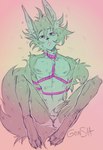 anthro anus bdsm blue_body blue_fur bound claws femboy fur genitals green_body happy inner_ear_fluff male nipples paws penis rope solo tongue tuft young gonsia my_hero_academia izuku_midoriya canid canine canis mammal wolf absurd_res hi_res