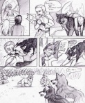 ambiguous_gender blood bodily_fluids canid canine canis comic coop_(wrng) dialogue digitigrade english_text female feral graphite_(artwork) greyscale group human male mammal monochrome natsume_(wrng) natsumewolf oz_(wrng) pencil_(artwork) quadruped rikku tail text traditional_media_(artwork) wolf wolf's_rain wolf's_rain_next_generation