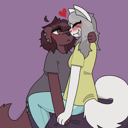 anthro bed blue_bottomwear blue_clothing blue_jeans blue_pants blush bottomwear brown_body brown_fur brown_hair chain clothing denim denim_bottomwear denim_clothing duo ear_piercing eyes_closed female floppy_ears fur furniture grey_clothing grey_hair grey_shirt grey_topwear hair hand_holding happy heart_symbol jeans looking_at_another looking_at_partner male male/female on_bed pants piercing purple_bottomwear purple_clothing purple_jeans purple_pants romantic romantic_couple shirt sitting sitting_on_bed smile standing tail topwear white_body white_fur yellow_clothing yellow_shirt yellow_topwear ashblondekittyy rex_(ashblondekittyy) yuna_(ashblondekitty) canid canine canis domestic_cat domestic_dog felid feline felis mammal 1:1 trans_(lore) trans_man_(lore) trans_woman_(lore)