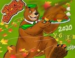 autumn autumn_leaves berry black_eyes brown_body brown_fur clothing collar food fruit fur grass green_background greeting hat headgear headwear holidays leaf male necktie open_mouth open_smile orange_(fruit) plant plate running simple_background smile teeth tongue yingcartoonman hanna-barbera thanksgiving yogi_bear avian bear bird galliform mammal phasianid turkey 2020 absurd_res hi_res