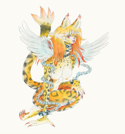 anthro areola barbell_piercing biped bracelet breasts collar eyes_on_wings feathered_wings feathers female hair jewelry looking_at_viewer multiple_collars navel nipples orange_hair piercing red_eyes sitting smile solo spiked_bracelet spiked_collar spikes tail tail_tuft tuft unusual_anatomy unusual_eye_placement unusual_wings white_wings wings bonnie_guerra felid leopard mammal pantherine hi_res