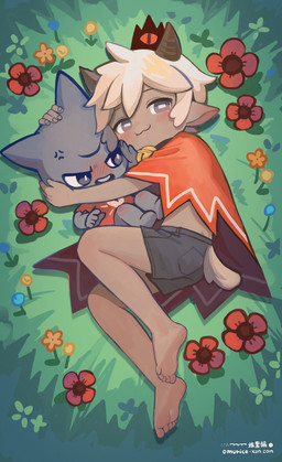 angry anthro barefoot bell bell_collar blush blush_stickers bottomwear clothing collar cross-popping_vein duo feet flower holding_close horn lying male multi_eye on_side plant shorts shota text young young_male omurice-kun cult_of_the_lamb massive_monster_(studio) lamb_(cult_of_the_lamb) narinder animal_humanoid bovid bovid_humanoid caprine caprine_humanoid domestic_cat felid feline felis humanoid mammal mammal_humanoid sheep sheep_humanoid absurd_res hi_res url