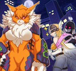 annoyed anthro armor armwear bangs big_breasts blonde_hair body_armor bodysuit breasts building chest_tuft clothing cross_pupils featureless_breasts featureless_crotch female fringe_trim fur gloves group hair hand_on_hip handwear jealous mane markings moon navel night orange_body orange_fur outside purple_markings red_eyes skinsuit smile standing surprised_expression tight_clothing trio tuft vambrace visor white_hair wings dclaret bandai_namco digimon digimon_ghost_game distracted_boyfriend angel angewomon demon digimon_(species) felid feline humanoid ladydevimon mammal meicrackmon meme