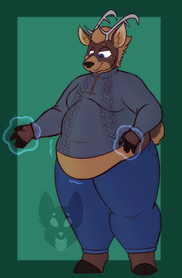 2_horns 2_toes 5_fingers anthro antlers barefoot belly biped black_hooves black_nose blue_bottomwear blue_clothing blue_eyes blue_jeans blue_magic blue_pants border bottomwear brown_body brown_countershading brown_eyebrows brown_fur brown_inner_ear_fluff brown_tail clothed clothed_anthro clothed_male clothing cloven_hooves countershade_face countershade_fur countershade_neck countershade_tail countershade_torso countershading denim denim_bottomwear denim_clothing eyebrows feet fingers fur green_background green_border grey_clothing grey_horn grey_sweater grey_topwear hooved_fingers hooves horn inner_ear_fluff jeans looking_down looking_down_at_self magic_user male male_anthro midriff moobs obese obese_anthro obese_male overweight overweight_anthro overweight_male pants pupils simple_background snout solo standing sweater tail tan_inner_ear toes topwear tuft unguligrade strawberrymilkdog deer mammal new_world_deer reindeer 2022 character_request colored hi_res watermark