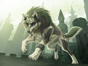 4_toes animal_genitalia blue_eyes countershading day detailed_background ear_piercing ear_ring feet feral fully_sheathed fur genitals green_body green_fur green_hair hair male outside paws piercing raining ring_piercing sheath sky solo toes white_body white_fur white_sheath shinigamigirl nintendo the_legend_of_zelda link_(wolf_form) canid canine canis mammal wolf 2022 4:3 digital_media_(artwork)