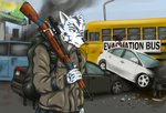 anthro gun male post-apocalyptic ranged_weapon solo text weapon weapon_on_shoulder krahs_tsai canid canine canis mammal wolf absurd_res english_text hi_res