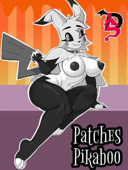 anthro areola big_breasts black_areola black_body black_fur black_nails black_nipples black_nose black_sclera breasts choker colored_nails dipstick_ears ear_markings female front_view fur grey_body grey_eyes grey_fur head_tuft jewelry long_nails monochrome_body multicolored_ears nails navel necklace nipples nude rosy_cheeks sitting solo spiral spiral_eyes text thick_thighs tuft wide_hips 69lewddragon69 nintendo pokemon pikaboo_(69lewddragon69) generation_7_pokemon mimikyu pokemon_(species) shiny_pokemon 3:4 absurd_res hi_res