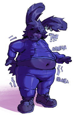 anthro belly biped blue_body blue_fur blue_hair blueberry_inflation bodily_groan body_inflation claws clothed clothing ear_piercing ear_ring expansion_sound_effect exposed_belly fur hair hair_over_eyes inflation interrobang long_ears looking_down looking_down_at_self male motion_lines navel piercing ring_piercing solo standing surprised tracksuit a_guy_somewhere guy_(a_guy_somewhere) lagomorph leporid mammal rabbit hi_res