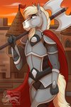 anthro armor axe castle double_bitted_axe guard knight labrys male medieval medieval_armor melee_weapon solo warrior weapon jenery equid equine horse mammal 2:3 hi_res