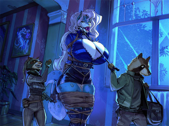 5_fingers anthro arms_tied balaclava ball_gag bdsm big_breasts blue_clothing blue_shirt blue_topwear bodily_fluids bondage bound bra bra_peek breasts cleavage clothed clothed_anthro clothed_female clothing crotch_rope dominant drooling female fingers fully_bound gag gagged genitals green_eyes group gun halter handgun hands_behind_back harness_ball_gag harness_gag high-waist_skirt huge_breasts inside larger_sub leash leash_pull legs_tied male mask muffled open_mouth open_mouth_gag pink_nose ranged_weapon restraints rope rope_bondage rope_harness saliva shirt size_difference submissive submissive_anthro submissive_female tail tail_bondage tail_tied teeth topwear trio underwear vulva weapon oneeyehound laura_rockwell felid mammal pantherine procyonid raccoon snow_leopard absurd_res hi_res